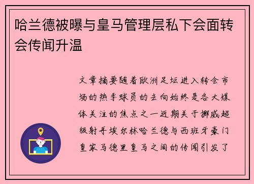 哈兰德被曝与皇马管理层私下会面转会传闻升温