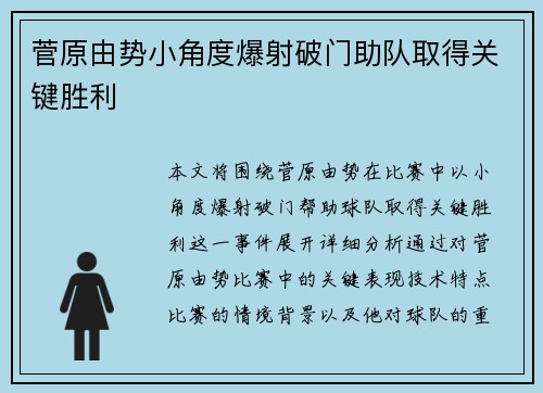 菅原由势小角度爆射破门助队取得关键胜利