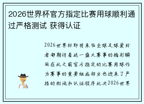 2026世界杯官方指定比赛用球顺利通过严格测试 获得认证